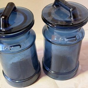 2 -Vintage Cobalt Blue 10.5” Glass Milk Jar W/Lid Canister L.E. Smith Apothecary
